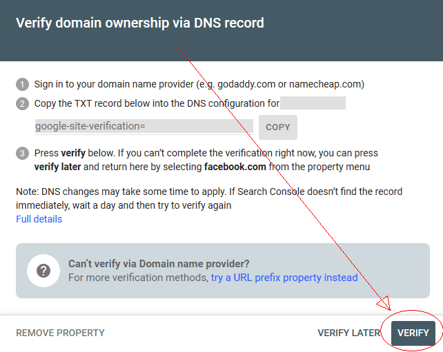 Google Search Console DNS Verify